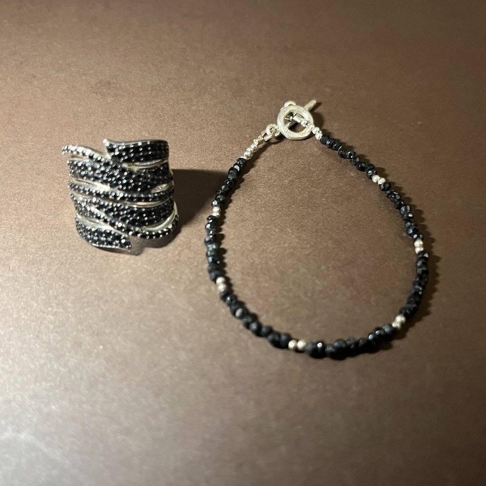 Black Spinel Bracelet & Black Spinel Ring, Sterling Silver, Minimalist Jewelry